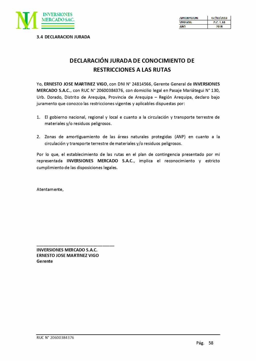 Formato 4 - Declaración Jurada de conocimiento de restricciones en rutas